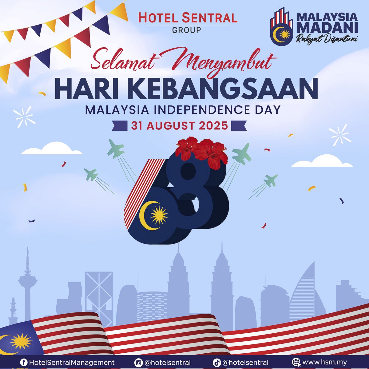 HotelSentralMy's tweet photo. 𝐒𝐞𝐥𝐚𝐦𝐚𝐭 𝐇𝐚𝐫𝐢 𝐊𝐞𝐛𝐚𝐧𝐠𝐬𝐚𝐚𝐧 𝐤𝐞-𝟔𝟖! 🎆 
Mari kita terus bersatu, menghayati kemerdekaan dengan penuh kegembiraan, kesyukuran dan rasa bangga sebagai anak Malaysia. 🇲🇾
.
.
.
#HotelSentralGroup #Merdeka68 #SayangiMalaysiaku #MalaysiaMadani https://t.co/g0Oc68DOO5