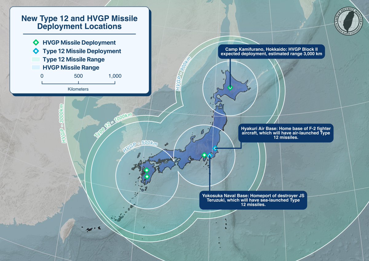 TaiwanMonitor's tweet image. UPDATED: On August 29, Japan's Ministry of Defense announced the deployment locations of improved Type 12 surface-to-ship missiles, as well as their Hyper Velocity Glide Projectiles (HVGP). 

Below is a TSM map showcasing those locations and the maximum range of those missiles.…
