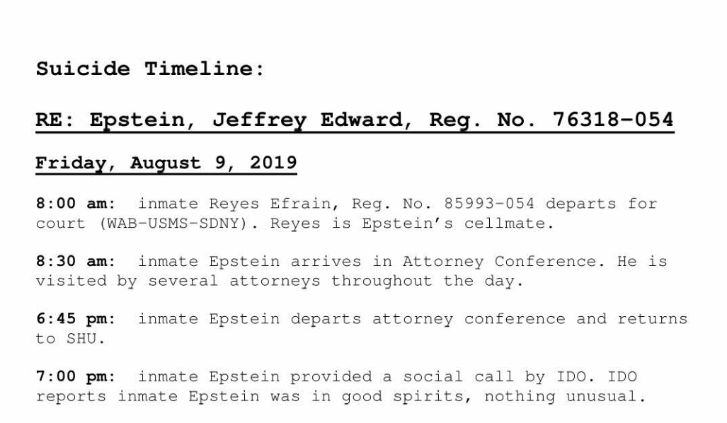 the_unredacted's tweet photo. It's time for the truth. The whole truth. And nothing but the truth. The count down has began
#EpsteinFiles 

The last recorded hours before Jeffrey Epstein was found unresponsive in his cell....... or are they?? https://t.co/TCv2nctxBM