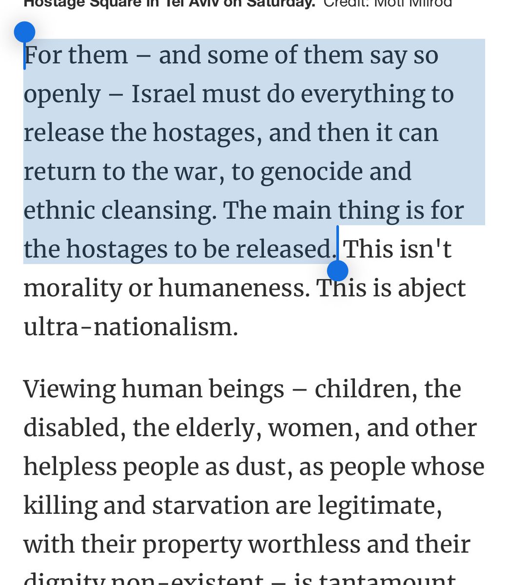 Gideon Levy acknowledges something central to One Bad Man Theory pushed by Vox’s Beauchamp et al: opposition to Netanyahu in Israel is entirely about getting Israeli captives back then recommencing genocide. It’s a moral sieve, a deflection to undermine calls for arms embargo/BDS