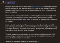 RobloxiaOrg's tweet image. NEWS : The Neighborhood RP (a.k.a The Neighborhood of Robloxia) (Created Sept 2012) game sunset/shutdown after Roblox's recent actions..
#Roblox #RobloxDev #Robloxia #RobloxUGC #boycottroblox
Read More : forum.robloxia.org/threads/the-ne…