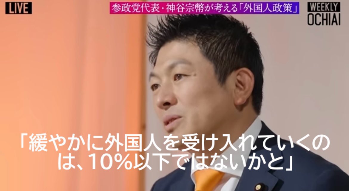 参政党「移民推進に反対！日本の治安悪化を防ごう！」
↓
参院選後
↓
参政党「緩やかに外国人を受け入れていくのは10%以下ではないかと。今受け入れて良いのは5%以下」

参政党も自民党と同じく移民推進じゃねーか。アホの参政党信者は完全に騙されたな。

※現在の日本における外国人人口は2.9%です