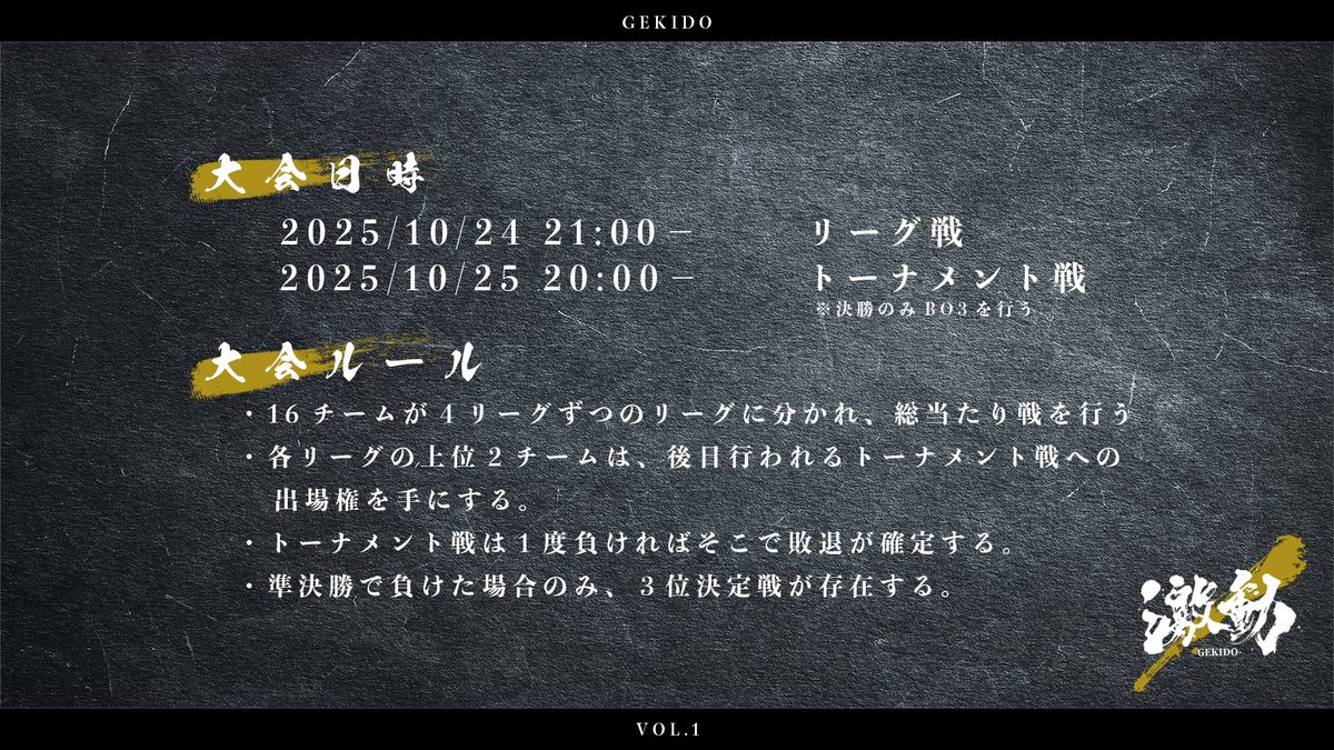GekidoOfficial's tweet photo. 【激動-gekido-】参加者募集

Day1　リーグ戦　21:00-
Day2 　トーナメント戦　20:00-

応募者は以下の2アカウントをフォローすること

@GekidoOfficial
@ojiragi_JP 

応募フォーム

https://t.co/F6QymQFQPh

締切　9/15  23:59 https://t.co/YEVsphJEH2