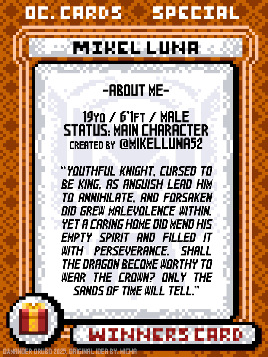 "𝑀𝒾𝓀𝑒𝓁  thｅ ☆✧ ＫnＩＧhT ✧☆"
Winner Cards #4🐲⚔️
.
.
.
Thank you <a href="/MikelLuna52/">Mikel Luna 🩵🐉 OPEN COMMISSIONS!!!</a> for participating! (Also for being a current follower before my #raffle) see you soon!
#pixelartist #pixelart #ドット絵 #fanart #art #giveaway #arttwt #dragon #oc #digitalart #deltarune #style