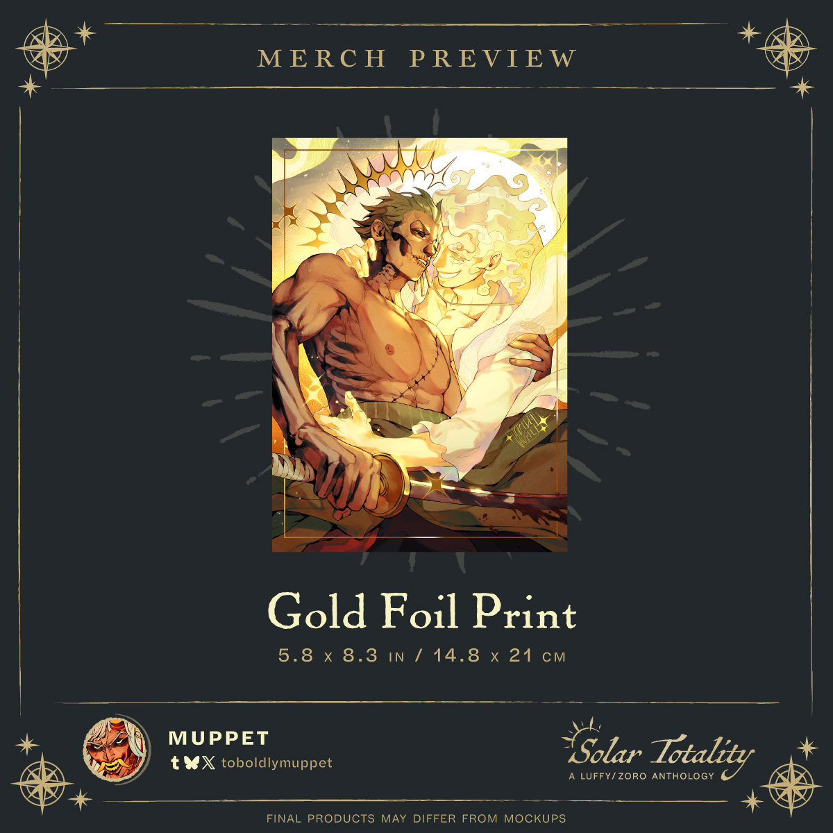 👒 『MERCH PREVIEW』 ⚔️

Our next preview is toboldlymuppet's gold foil print featuring Gear 5 Luffy and King of Hell Zoro!