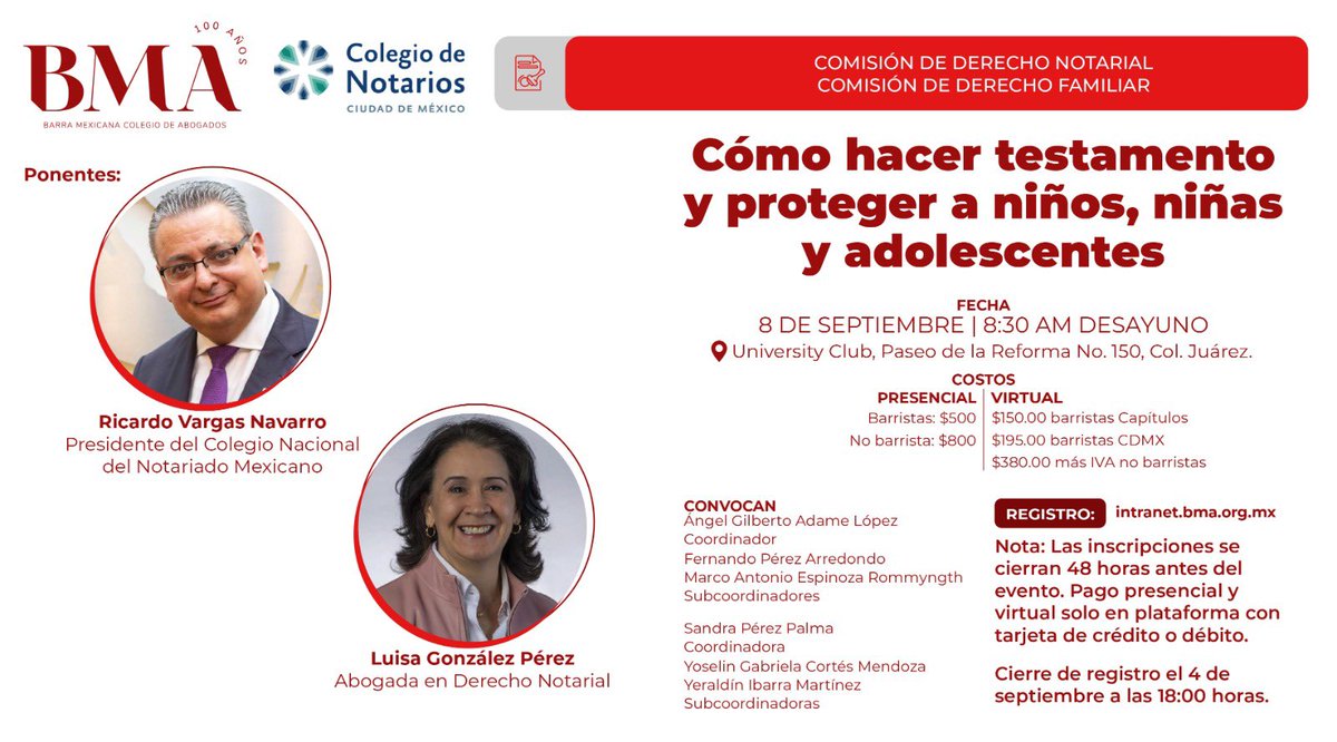 📢 En México, cada año miles de niñas y niños quedan en incertidumbre jurídica porque sus padres no dejaron testamento.

Acompáñanos en el desayuno académico “Cómo hacer testamento y proteger a niños, niñas y adolescentes”.
📝 Registro: intranet.bma.org.mx

<a href="/notariadomex/">Notariado Mexicano</a>