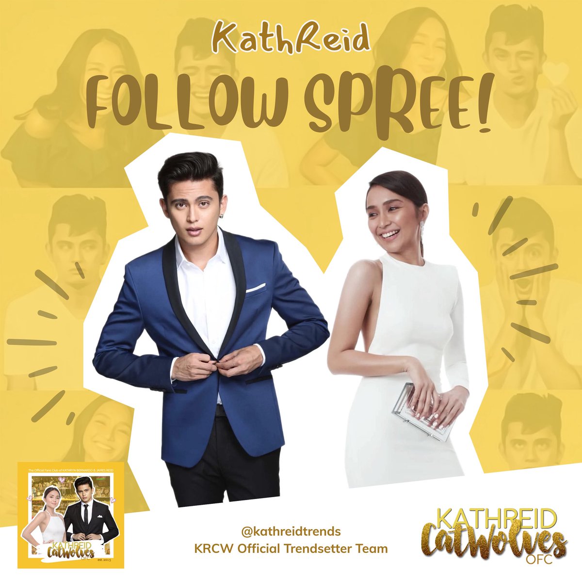 KRCWOfficial's tweet photo. 💛 KATHREID FOLLOW SPREE @ 12pm today 💛

Hello CatWolves & KathReid enjoyers! We’re starting a Follow Spree mamayang 12pm para makahelp sa mga upcoming trend parties natin. Get to meet your fellow fans & follow each other!

For more details mamaya, visit: @kathreidtrends. See you!

#KathReid #KathrynBernardo #JamesReid