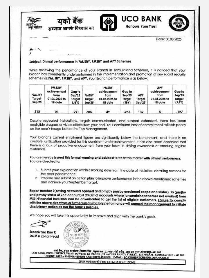 iNitinTyagi's tweet image. Harassment Factory = @UCOBankOfficial

Top Management sits in AC cabins, while staff face torture on ground.

Impossible targets, no support, only threats &amp;amp; warning letters

This is how PSU banks are killing their own employees.

Accountability needed NOW!
@FinMinIndia @DFS_India