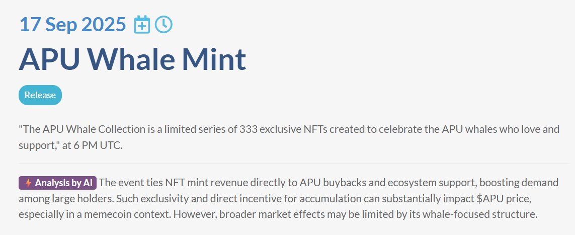 CoinMarketCal (@coinmarketcal) on Twitter photo Three upcoming #memecoin eventsπ₯
$DEGEN (<a href="/degentokenbase/">Degen π©</a>)
31 Aug 2025 or earlier
Final Airdrop π coinmarketcal.com/en/event/finalβ¦
$MINIDOGE (@minidoge_global)
31 Aug 2025
Binance Live π coinmarketcal.com/en/event/binanβ¦
$APU (@apuscoin)
17 Sep 2025
APU Whale Mint π coinmarketcal.com/en/event/apu-wβ¦ Three upcoming #memecoin eventsπ₯
$DEGEN (<a href="/degentokenbase/">Degen π©</a>)
31 Aug 2025 or earlier
Final Airdrop π coinmarketcal.com/en/event/finalβ¦
$MINIDOGE (@minidoge_global)
31 Aug 2025
Binance Live π coinmarketcal.com/en/event/binanβ¦
$APU (@apuscoin)
17 Sep 2025
APU Whale Mint π coinmarketcal.com/en/event/apu-wβ¦