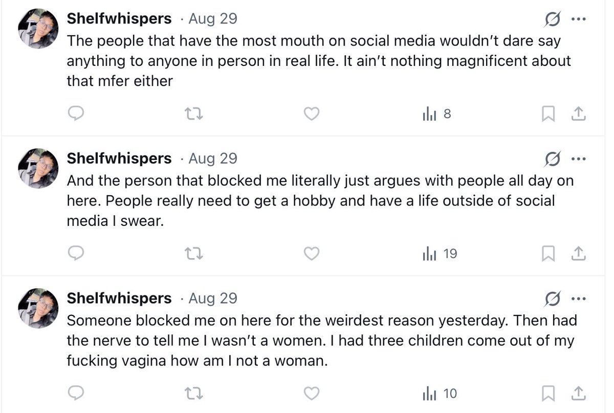 donchristop's tweet photo. Thank you for the magnificent compliments on my poetry. I never read anything you wrote. Also, I'm sorry your husband used you and abused up all those years.

Seek therapy. @shelfwhispers https://t.co/iIIfeiSgXb