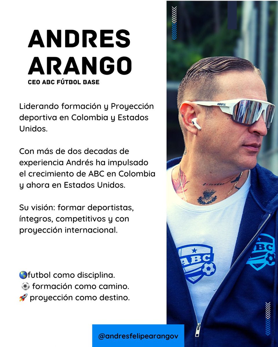abcfutbolbase1's tweet photo. ✨ Con visión y liderazgo, Andrés Arango impulsa el crecimiento de ABC en Colombia y Estados Unidos.
⚽ CEO que cree en el fútbol como disciplina, en la formación como base y en la proyección como destino.

#ABC #CEO #FútbolConPropósito https://t.co/ftN9l8Y2Rc