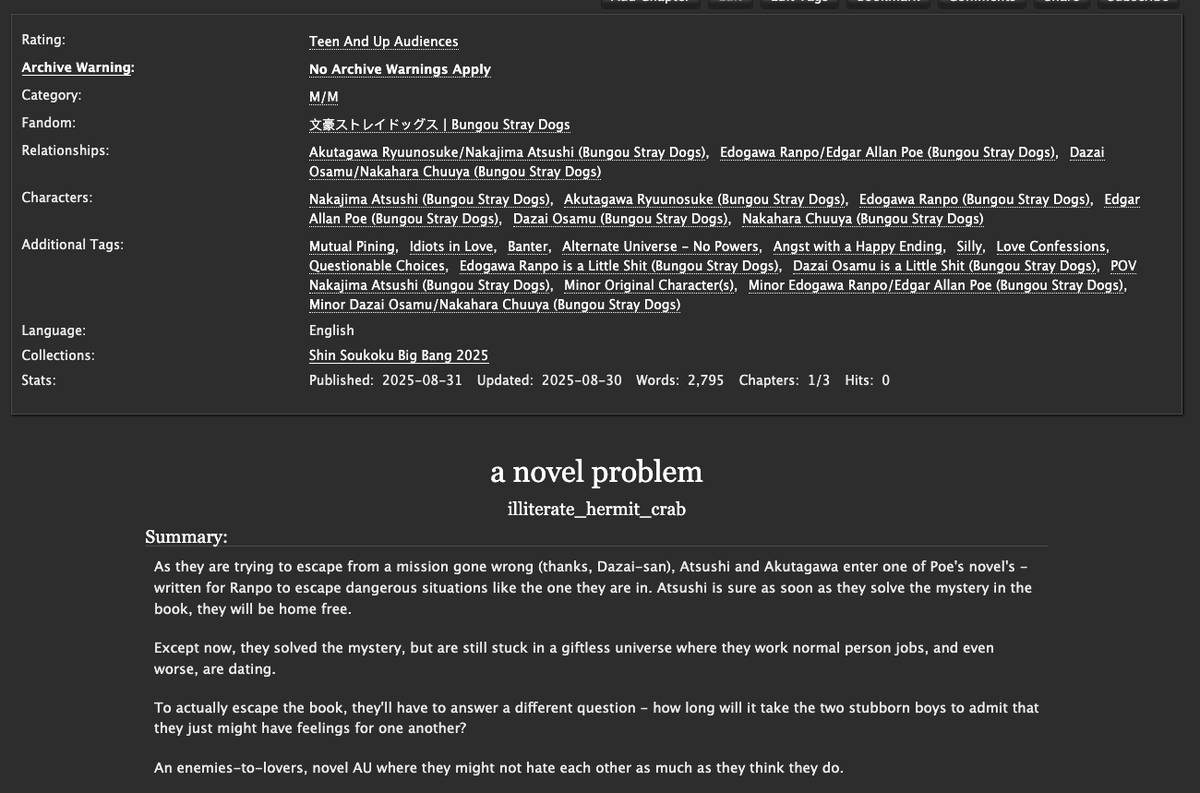 Happy <a href="/sskkbigbang/">☆ SSKKBB ☆ @ Part 1 Sign-Up</a> 2025 posting day!

This year I have an enemies-to-lovers fic where sskk get stuck in a giftless book - and have to date each other??

a novel problem (🔗below) - with art by the wonderful <a href="/arlen801_/">Arlen 🍉 | Atsushi my beloved</a>! Please go check out their art (also🔗 below)- it's perfect 🥹