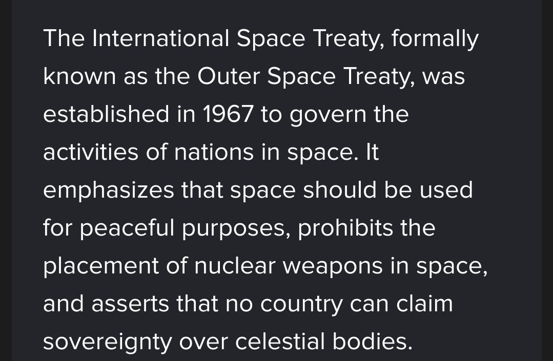 SeanSchraidt's tweet photo. @StevenH23527593 @SandyofCthulhu Literally nobody owns space. The International Space treaty specifically forbids it. https://t.co/6qwsftVAE3