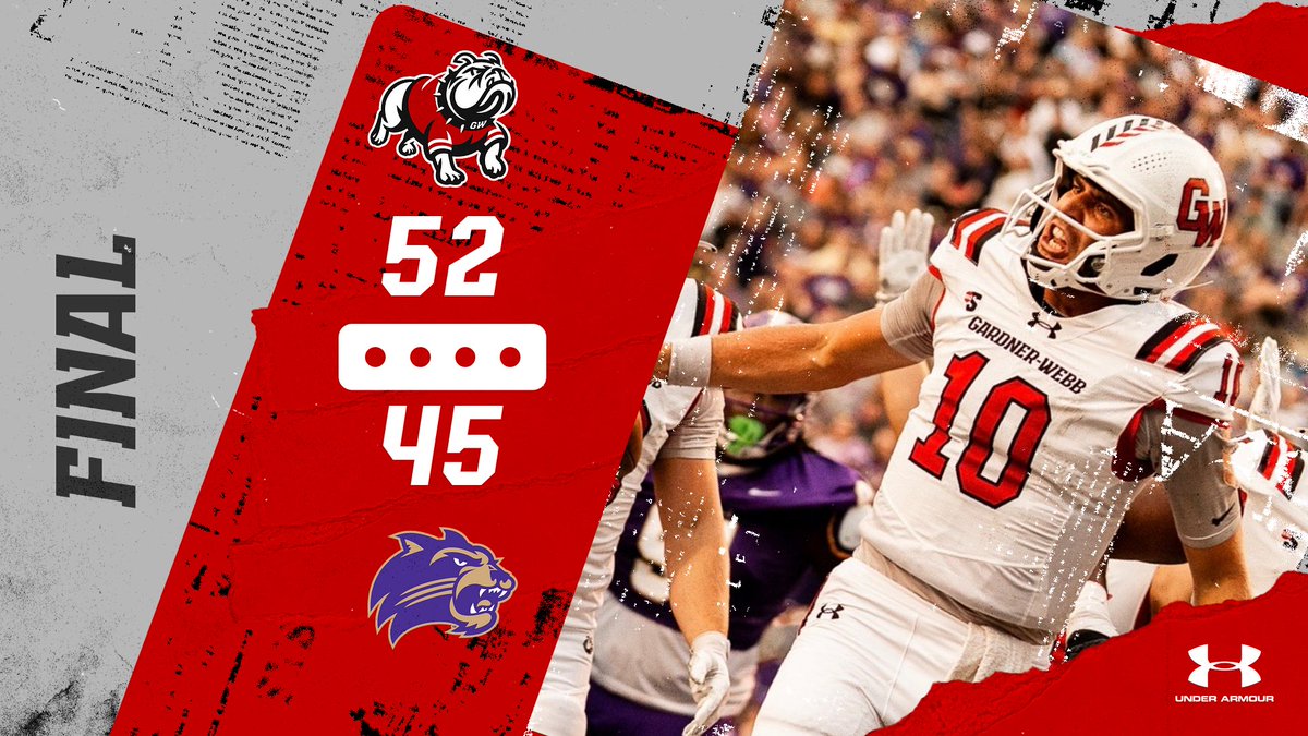 Gardner-Webb Athletics (@gwusports) on Twitter photo Trailing by as many as 28 points (35-7), <a href="/GWUFootball/">Gardner-Webb Football</a> shocks No. 19 Western Carolina, 52-45, capping the largest comeback win in program history. Graduate QB Nate Hampton accounted for six total touchdowns in the win‼️
#BornToRun 🐾 #SkoDawgs Trailing by as many as 28 points (35-7), <a href="/GWUFootball/">Gardner-Webb Football</a> shocks No. 19 Western Carolina, 52-45, capping the largest comeback win in program history. Graduate QB Nate Hampton accounted for six total touchdowns in the win‼️
#BornToRun 🐾 #SkoDawgs