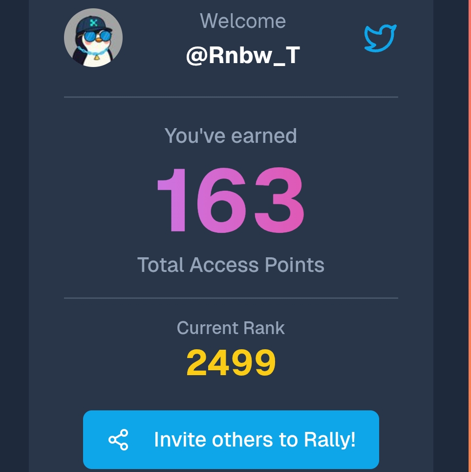Rnbw_T's tweet photo. I just scored 163 Access Points on @RallyOnChain 

Join  and earn rewards for your influence. https://t.co/G9mkeT783k

How Rally Works?? 

🔷No forms or approvals — just connect your X (Twitter) account.

🔷Join a campaign — pick a live mission from a Web3 project (tweet, retweet, tag).

🔷Post on X — Rally’s AI analyzes your content and engagement.

🔷Get paid instantly, on-chain — verified by GenLayer smart contracts and settled via LayerZero, Base, ZKsync.