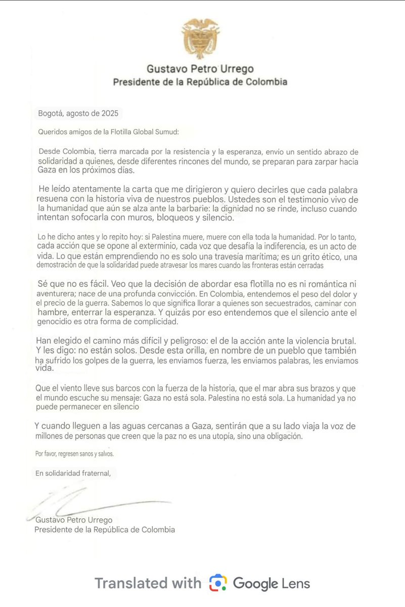El Presidente <a href="/petrogustavo/">Gustavo Petro</a>  envía un sentido mensaje a <a href="/GlobalSumudF/">Global Sumud Flotilla Commentary</a>
La flotilla inicia una travesía hacia Gaza con la intención de llevar alimentos y dar apoyo a los palestinos frente al genocidio que viene cometiendo el régimen israelí.