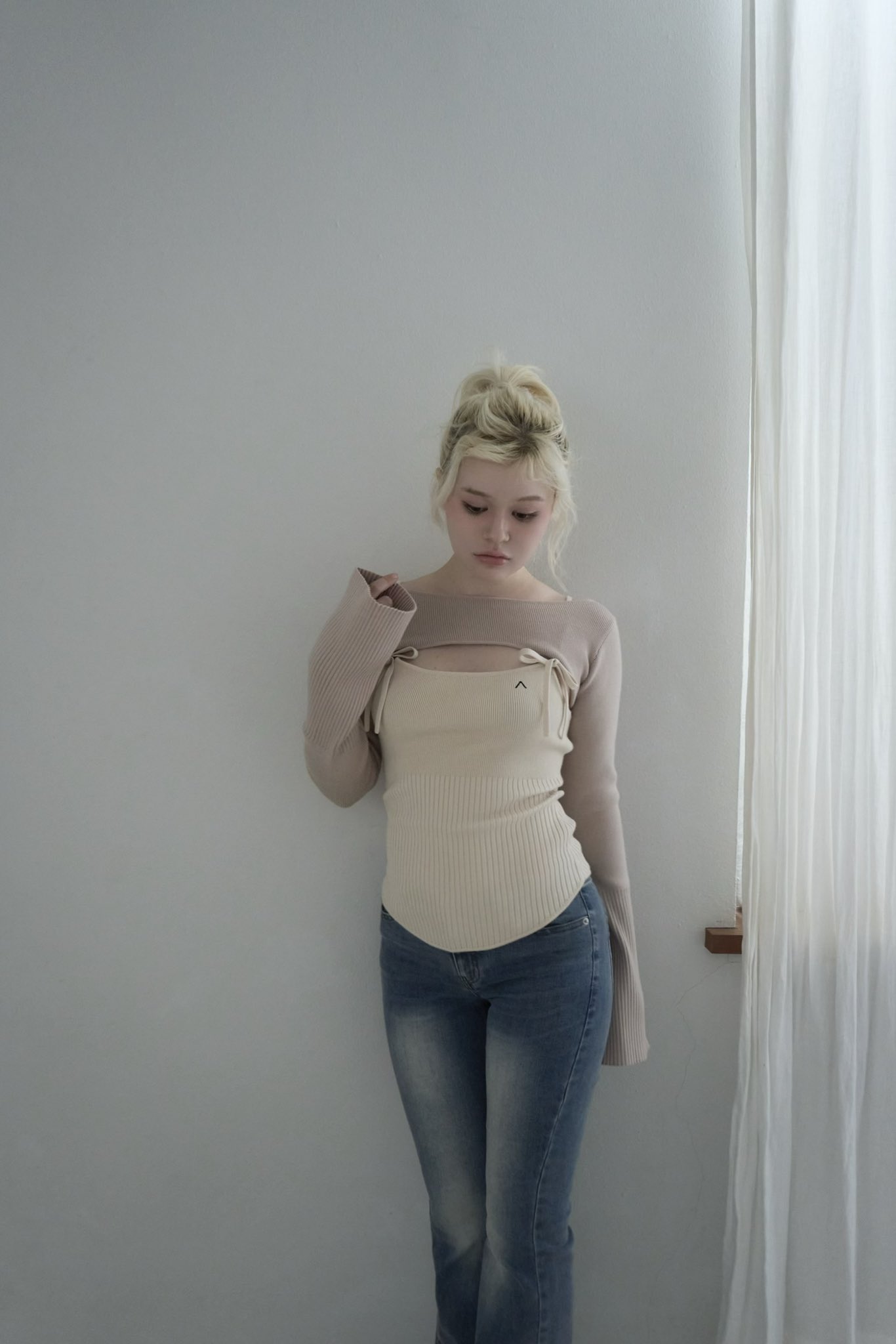 トップス andmary logo ribbon tops beige ANDMARY】Bebe ribbon set tops