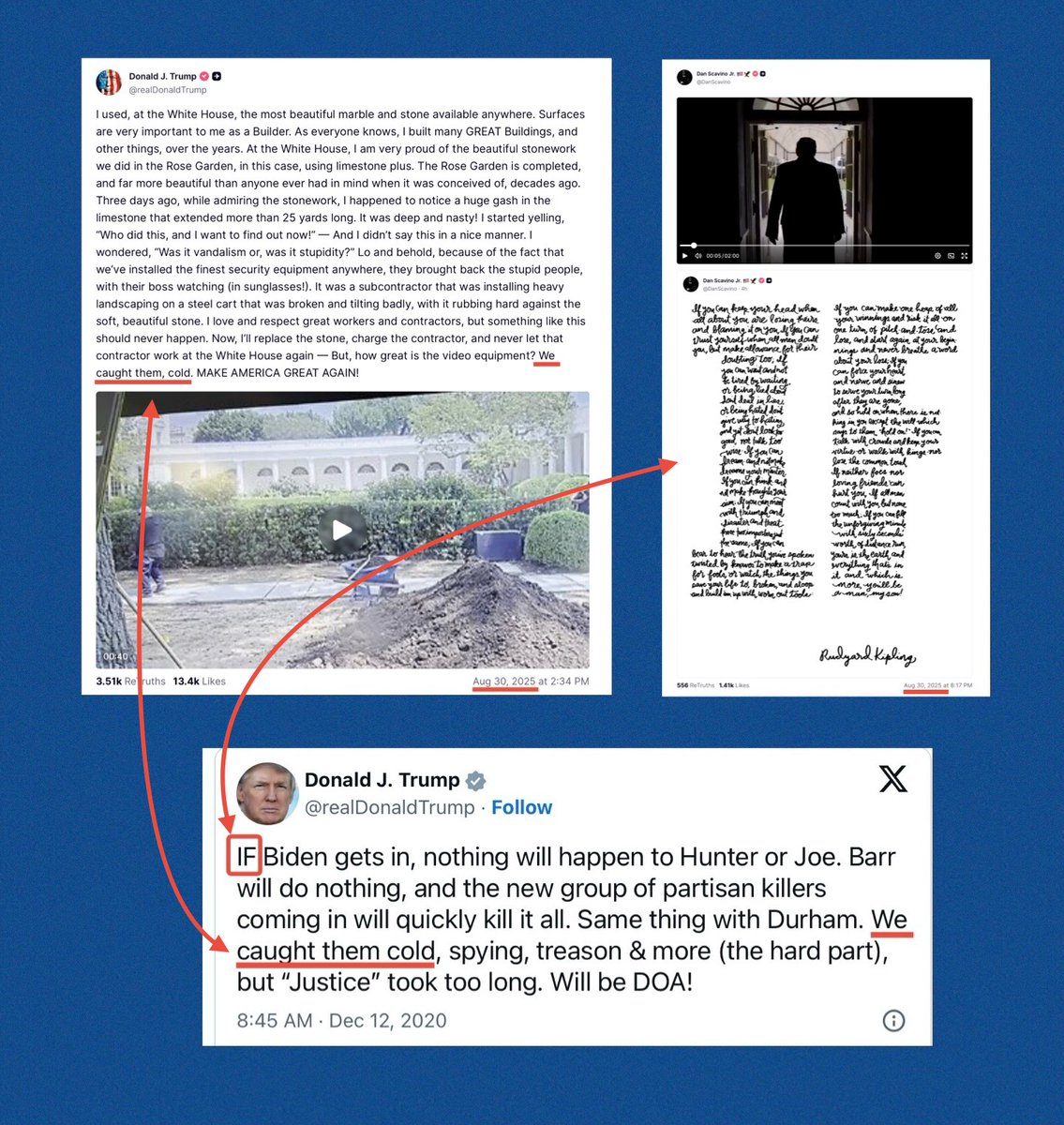 Coincidence…
Trump’s post today included, “We caught them, cold.”
Scavino’s post today included the “IF” poem.
Trump included both in his 12.12.20 post.