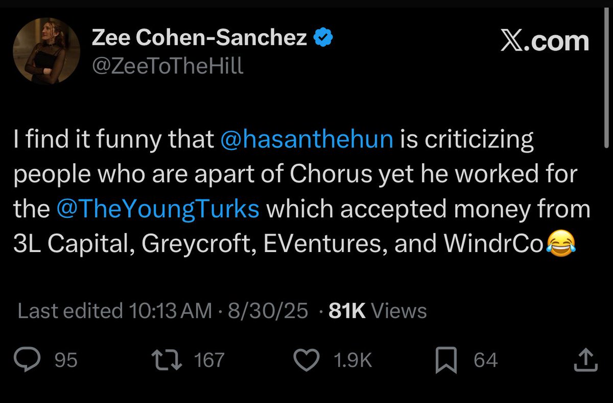 Zee Cohen-Sanchez takes shots at Hasan and the funding behind the Young Turks 

“I find it funny that Hasan is criticizing people who are apart of Chorus”