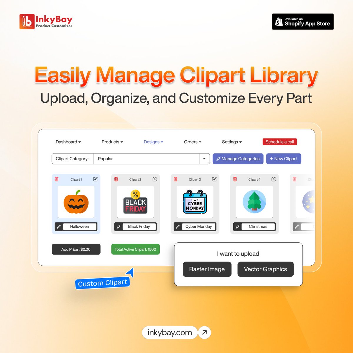 InkyBay Clipart Library? Customers Creative Flex!

Inkybay’s exclusive clipart library allows you to manage and add beautiful designs easily. Let your customers add standout cliparts to their products and bring their ideas to life with just a few clicks. From vibrant graphics to