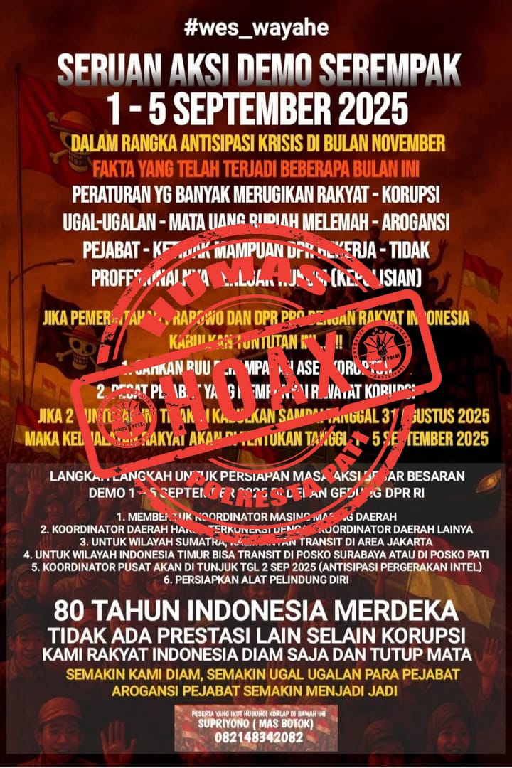 Polresta_Pati's tweet photo. Selamat Pagi Sobat Patizen, beredar luas flyer di media sosial, setelah kami konfirmasi ke Korlap AMPB ๐ ๐ฎ๐ ๐ฆ๐๐ฝ๐ฟ๐ถ๐๐ผ๐ป๐ผ (๐๐ผ๐๐ต๐ผ๐ธ) flyer tersebut adalah ๐๐ข๐๐ซ yang bersifat provokatif. ๐ฆ๐๐ฅ๐๐ก๐ ๐ฑ๐๐น๐ ๐๐ฒ๐ฏ๐ฒ๐น๐๐บ ๐ฆ๐๐๐ฅ๐๐ก๐
#AyoJagaPati #PolrestaPati https://t.co/LhlOIE7DAy