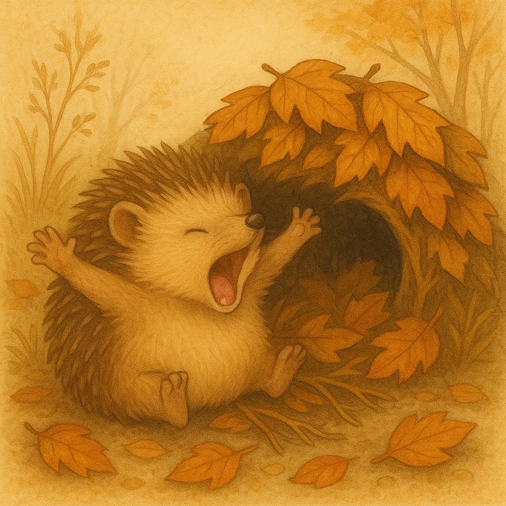 #Folkloresunday #Autumn

Beneath the leaves so crisp and bright,
A hedgehog yawns at autumn’s light.
He stretches wide, his eyelids fall,
The forest whispers, soft and small.
With cozy dreams he tucks away,
Till springtime calls another day.

The Hedgehogs Slumber, Mark R. West.