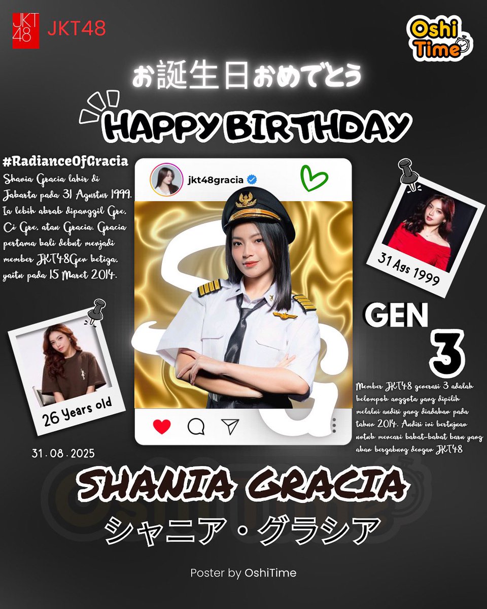 Bagaikan cahaya lilin ditengah gelapnya malam, dia kecil namun memberi arti yang hebat untuk sekitarnya.
Selamat ulang Tahun Captain, semoga didepan sana jalanmu semakin bersinar terang!✨

#oshitime #jkt48 #jkt48member #luminescence #RadianceOfGracia #GraciaJKT48 #26thGracia