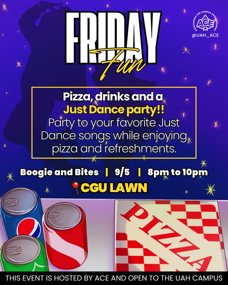 🎶 Boogie and Bites is happening 9/5 from 8–10 PM on the CU Lawn!
🕺 Just Dance
🎯 Yard Games
🍔 Free food for the first 100 students

Let’s dance, eat, and vibe! Brought to you by ACE!
#UAHACE #GoChargers