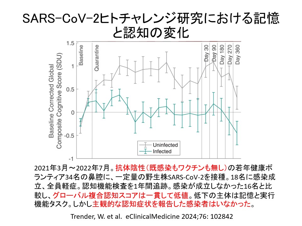 で、すごく厄介だと思うのが、ワクチン未接種の人がCOVID-19に感染すると、「ほぼ全員、自覚がないまま認知機能が低下し、しかも1年以上続く」ことなんですね。やばくないですか、これ？
pubmed.ncbi.nlm.nih.gov/39364271/