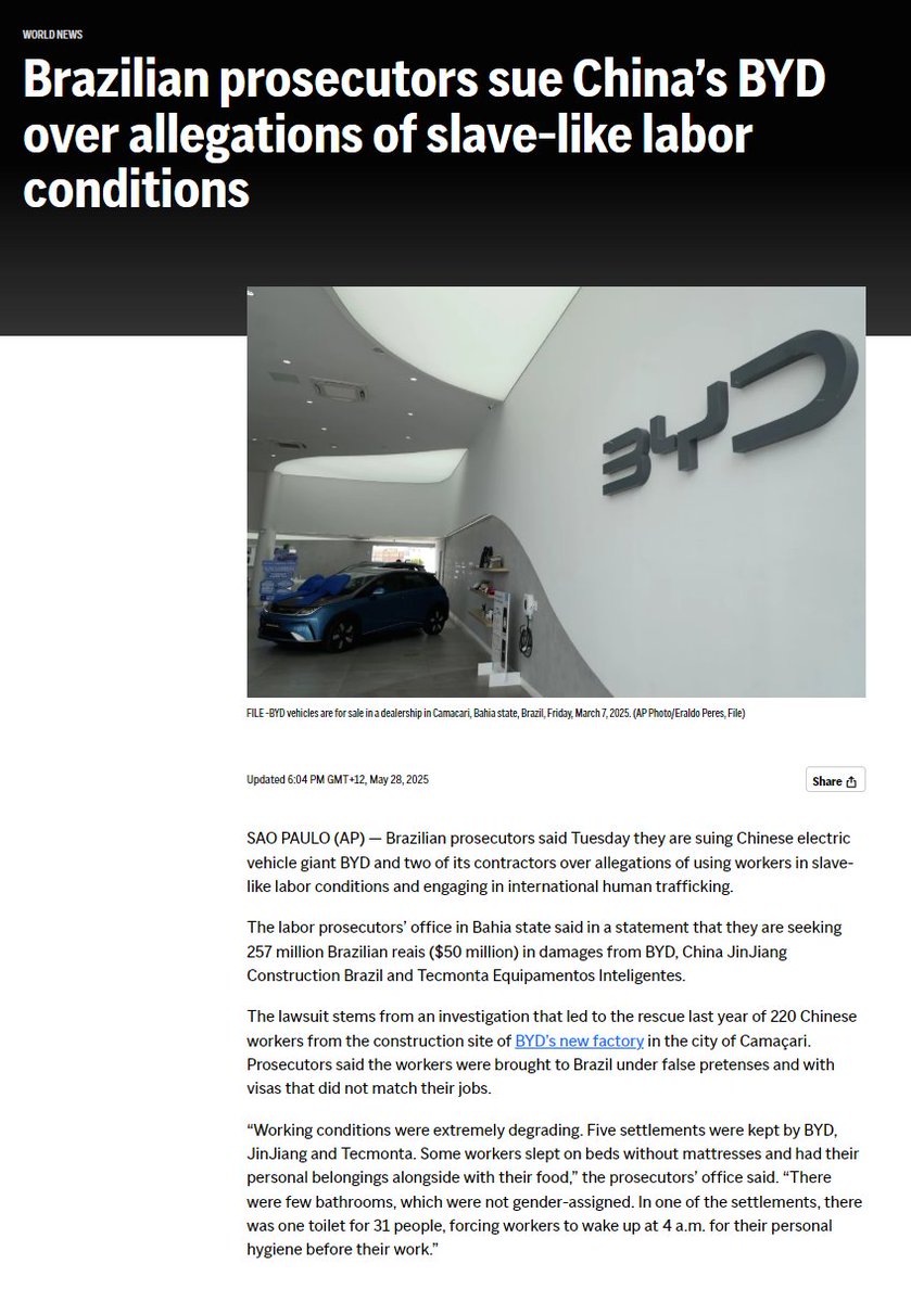 1. 巴西劳工检察机关起诉比亚迪及其承包商，指控其在巴伊亚州建设工地对220名中共国工人实施奴役式劳动，工作条件极为恶劣。该案索赔金额高达2.57亿 雷亚尔（约5,000万美元）。比亚迪回应称将配合调查。