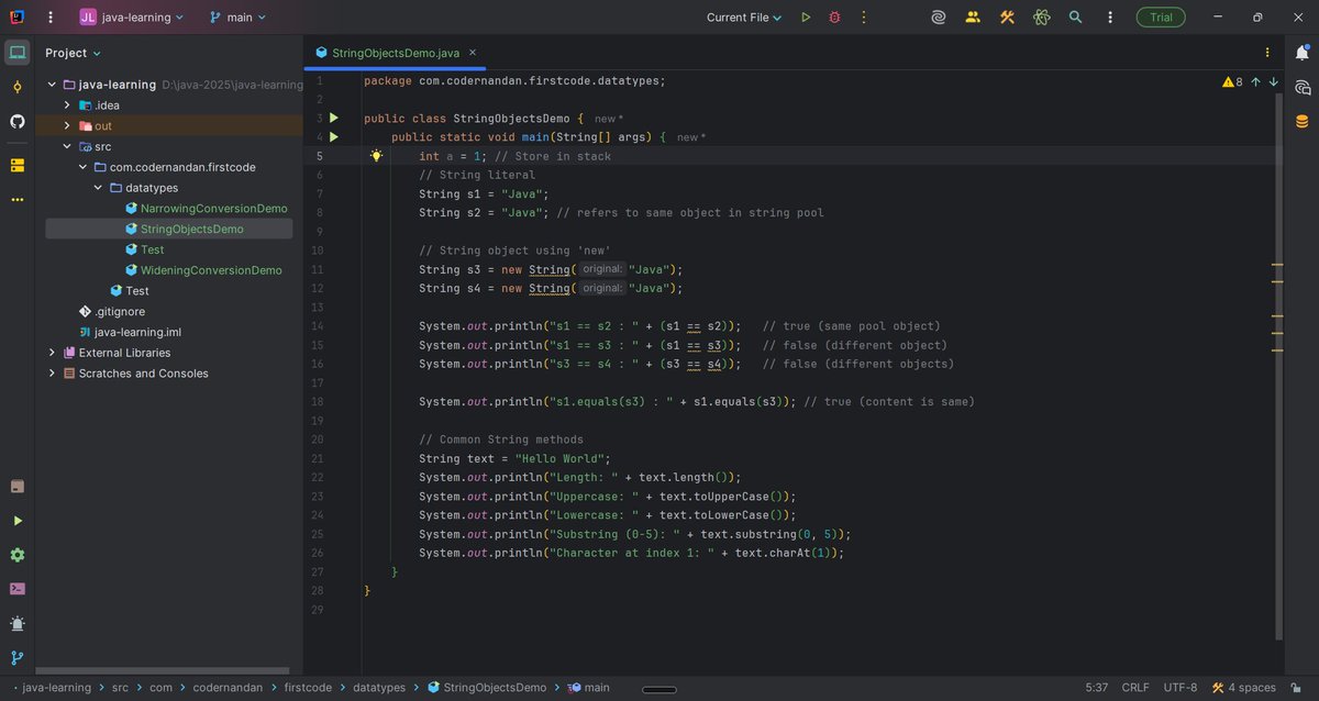 coder_nandan's tweet image. 💻 Diving deep into Java Strings today! 🚀
Understanding the difference between String literals and objects is key for efficient coding. Use .equals() to compare content, and be mindful of how Java manages string memory! 🧠✨
#Java #Coding #DevTips #Programming #LearnToCode