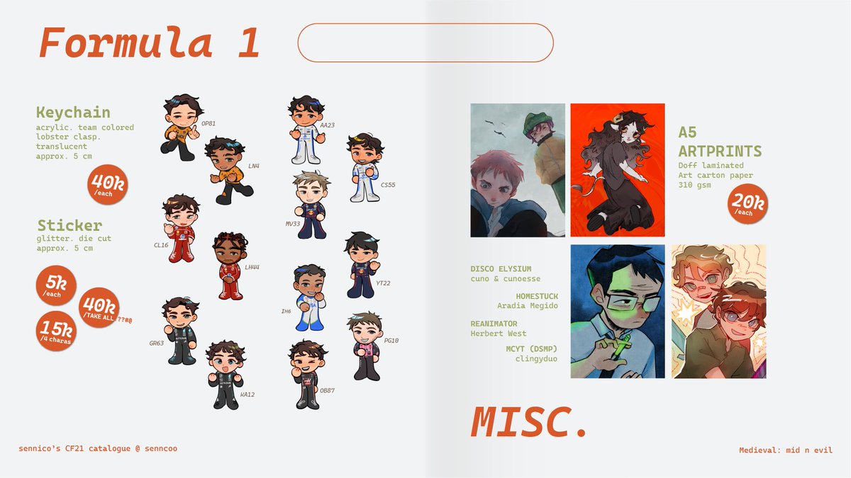sennico's #CF21 PO &amp; mail order catalogue BATCH 1 !!!

🎟️f1, homestuck, dc, mickey 17, kcd, disco elysium, fallout, mcyt, reanimator, pathologic
🗓️31 August -  7 September
📌BOTH DAYS &amp; MAIL ORDER!!! 
📎forms.gle/yFRdS8wycjdECf…

rts appreciated ^__^ #COMIFURO21 #CF21catalogue