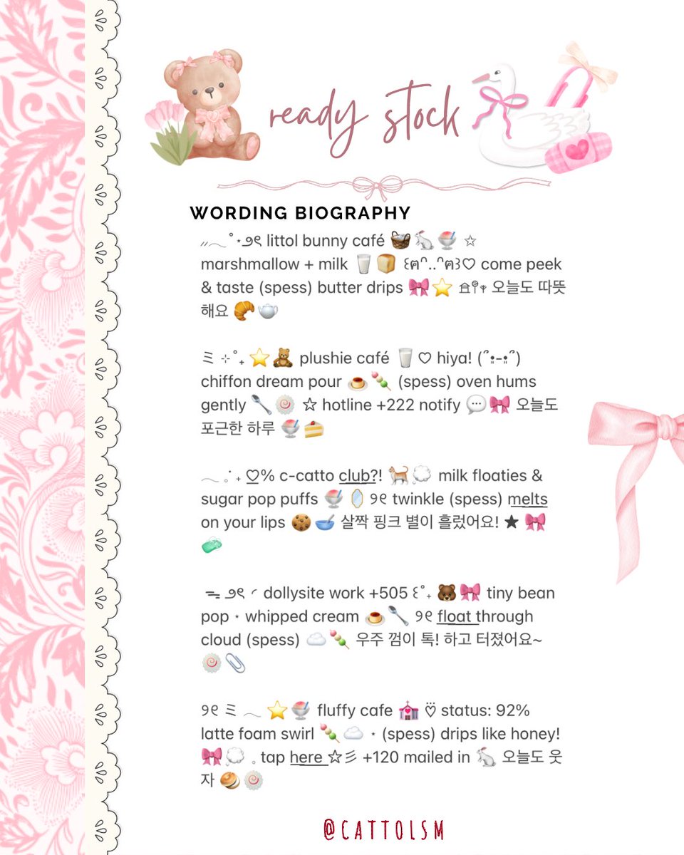 help repost? terimakacii! 👧🏻💭🎀

attenshon—! 🐈‍⬛🍧🍡🍥
haloo timan-timun ✋🏻
aku datang membawa 10 bio wording ready stock ini! ⊹ only 35OO each yaa! 👀⭐️

kindly check alt for more details ★
tag me after dm! ꒰ᐢ｡•༝•｡ᐢ꒱ 💗
#zonauang #zonajajan #zonaba