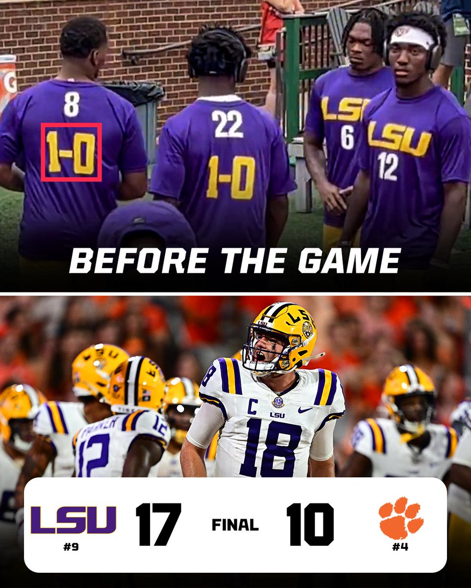 LSU players wore "1-0" shirts before their season opener against Clemson 😯 

They backed it up 🔥

(📸 <a href="/JacquesDoucet/">Jacques Doucet</a>)