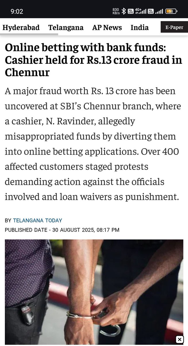 #BigBreaking | #NEWS | #Telangana 

Online betting with bank funds : Cashier held for Rs.13 crore fraud in Chennur - <a href="/TelanganaToday/">Telangana Today</a>

💥 <a href="/TheOfficialSBI/">State Bank of India</a> #Chennur Shock!

🚨 Cashier N. Ravinder misused Rs. 13 Cr into online betting apps!

😳 A major portion of the gold pledged by