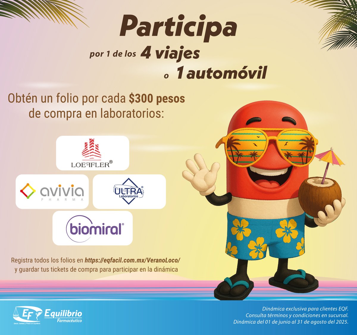 ¡Últimos días!
Recuerda que por cada $300 pesos de compra en laboratorios @Loeffler @Avivia @Ultra y @Biomiral puedes participar por 1 de los 4 viajes o 1 automóvil
#SoyEQF💙❤️