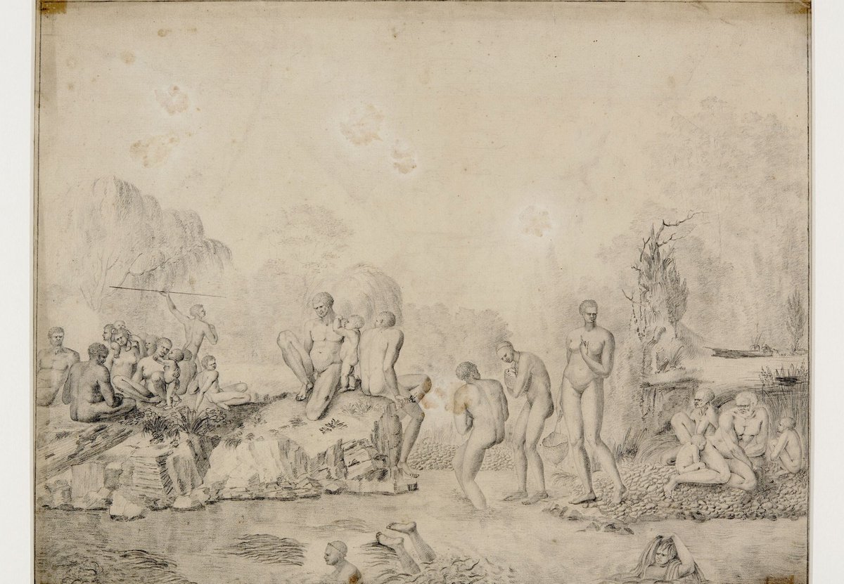 MungoManic's tweet image. Original drawings from Tasmania in 1793. Jean Piron was the official artist of the D'Entrecasteaux expedition and captured some amazing scenes. I especially like the bark hut, the fellow with the parasol and the female divers with friar-like haircuts