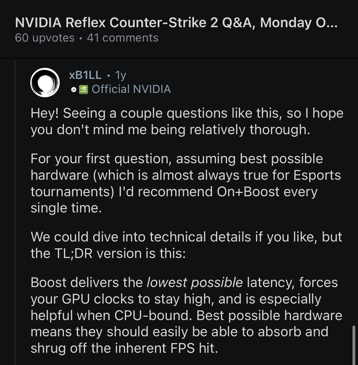 ThourCS2's tweet image. NVIDIA's Product Manager (Esports) recommends to use Reflex's On+Boost setting for high end PCs. ✅
This is from AMA last year, somehow I missed this discussion. Will post some more answers in the replies.