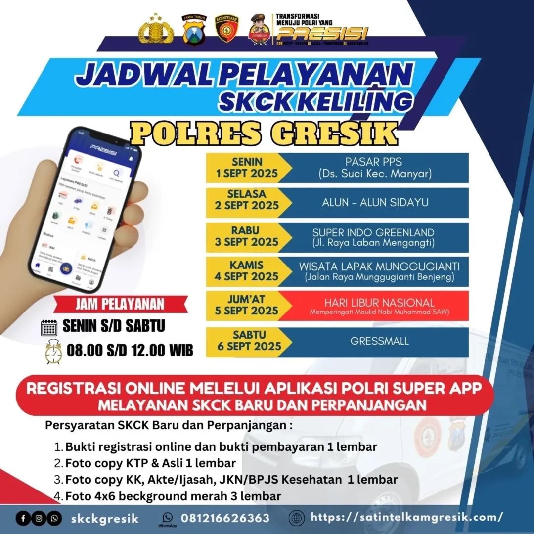 rovanmahenu's tweet image. Jadwal SIM &amp;amp; SKCK Keliling Polres Gresik untuk pekan depan (1 s/d 6 September 2025) sudah keluar.
Catat tanggal dan lokasinya. ya!
Jangan sampai kelewatan, ya
#simkelilinggresik #skckkelilinggresik #gresik
#satlantaspolresgresik #polresgresik #skckonline #skckpolresgresik…