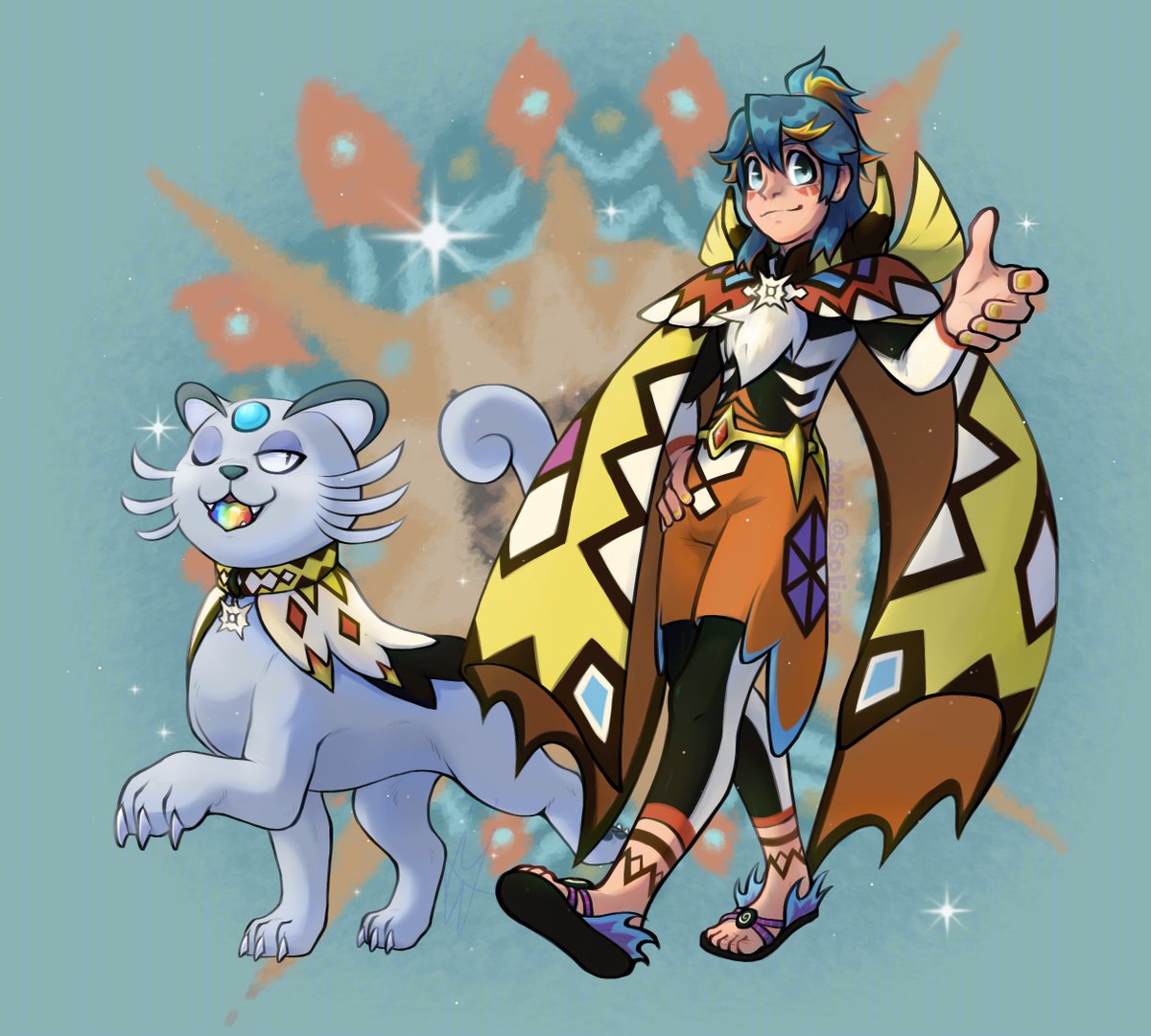 Soliazo's tweet photo. My first time participating in #specialgala2025 ! To my surprise I got Sun ! The design is inspired by both the Tapu's and Solgaleo's designs. I'm pretty happy with the outcome... also had to include happy Dollar evolved :)

#pokespe #krita #pokemon https://t.co/GFCdsH5FR6
