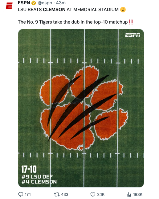 the fact that this DOES NOT say "at DEATH VALLEY", lets you know that Clemson plays at Memorial Stadium NOT DEATH VALLEY!!! Geaux Tigers!!!! #LSUFootball