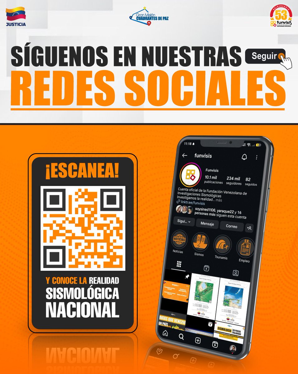 Te invitamos a seguirnos en nuestras cuentas y conocer la realidad sismológica nacional 📡 🇻🇪.

✔️ Únete a los cientos de personas que se informan sobre la ciencia de los terremotos.

#RedesSociales #Sismos #Terremotos #JuntosPorLaVidaYLaPaz #Funvisis #SomosFunvisis