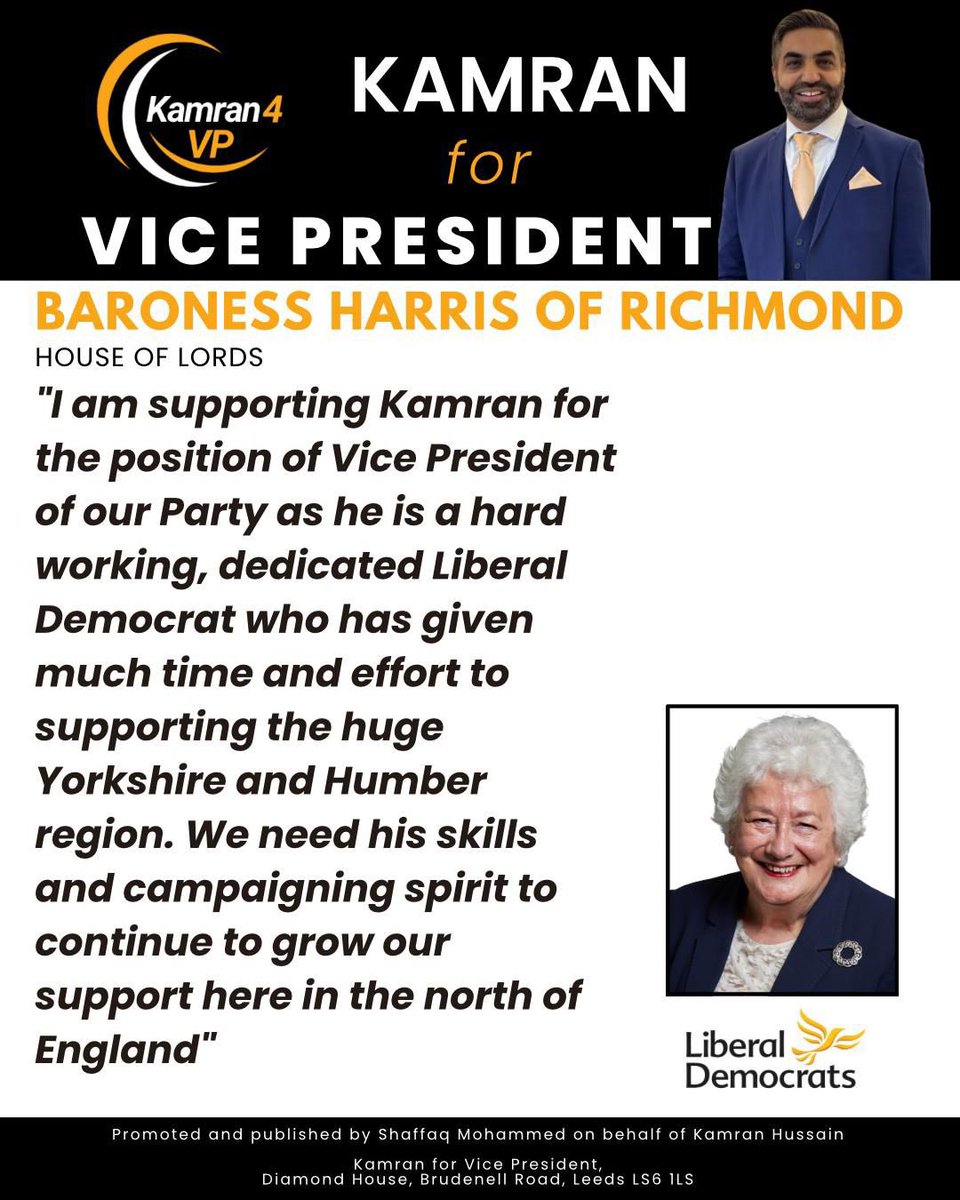 Thank you for your support, Baroness Angie Harris, #LibDems #Kamran4VP