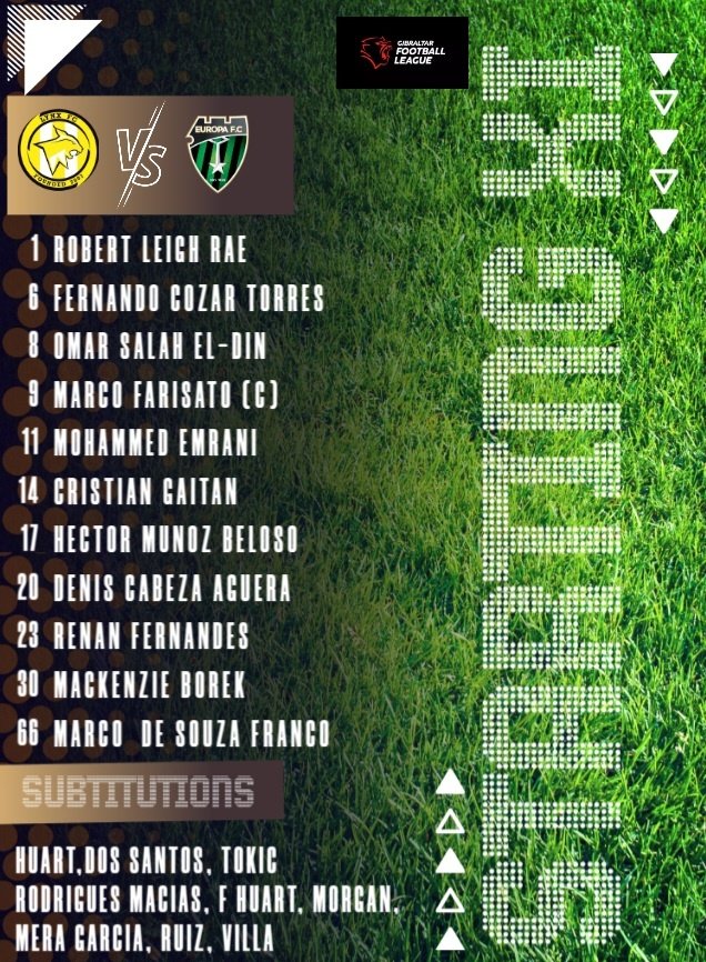 Tonights lineup for our match against Europa FC.

Kick off at 9pm 👊

Please come down and show us your support! 

#weliveforever #onefamily #lynxfc #lynxfootball #luneup #gibraltar