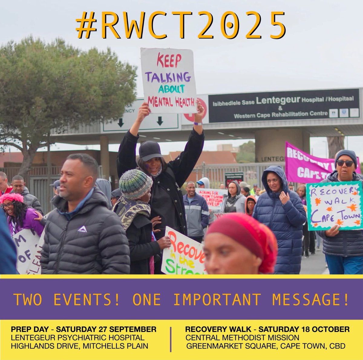 #RWCT2025 PREP DAY Sat 27 Sept - 10am to 2pm - Lentegeur Psychiatric Hospital, Mitchells plain. 
11th RECOVERY WALK Sat 18 Oct - 10am to 1pm - CMM,  Greenmarket Square, Cape Town, CBD recoverywalk.co.za 
#openrecovery #MentalHealth
#recoveryvoices #WeDoRecover