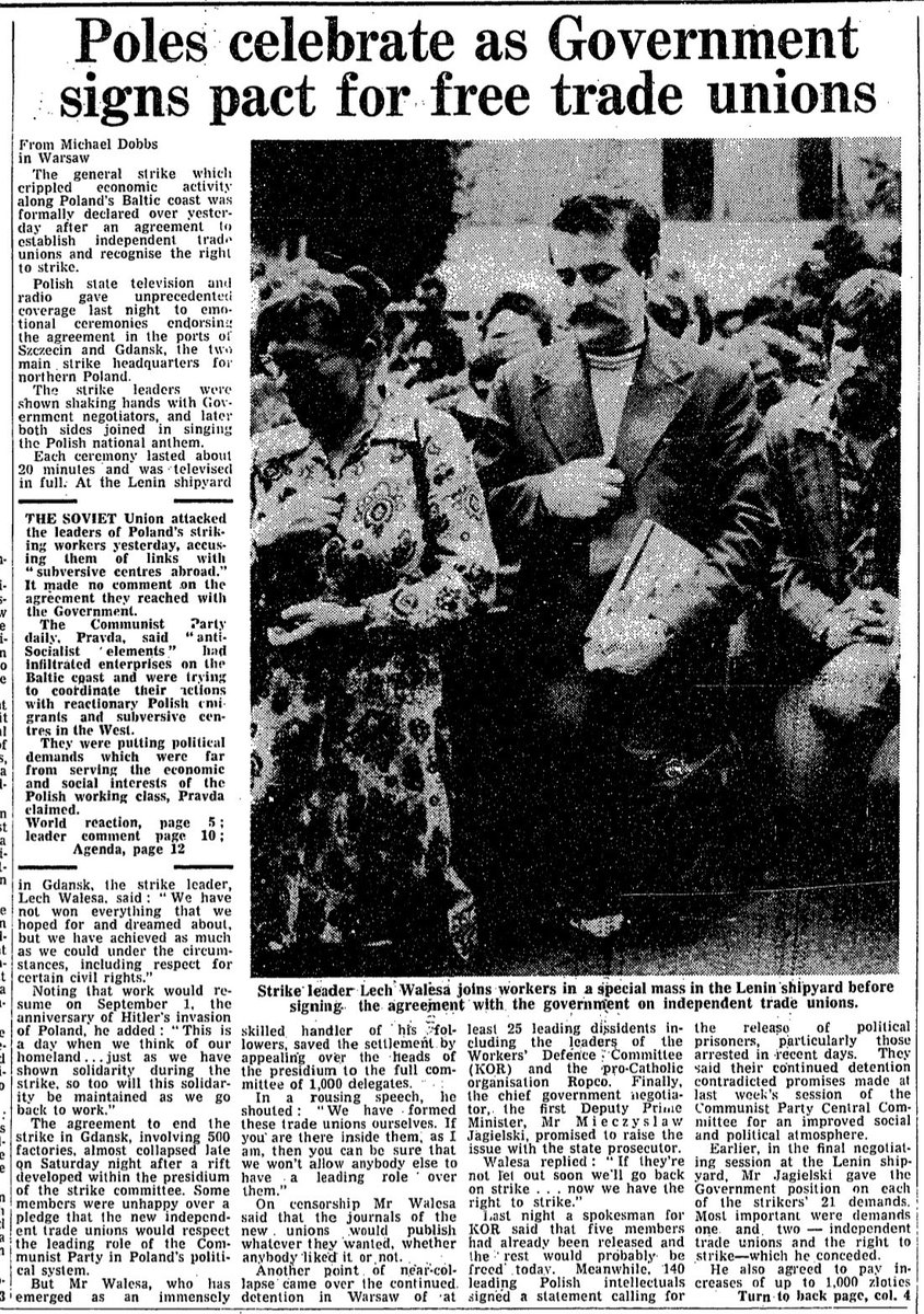 AmbWilczek's tweet photo. 45 years ago: the Gdańsk Agreements. Solidarność was born — a movement that changed Poland and inspired Europe. 

Page from The Guardian, 1 September 1980 https://t.co/ZjdXZ6rIN0
