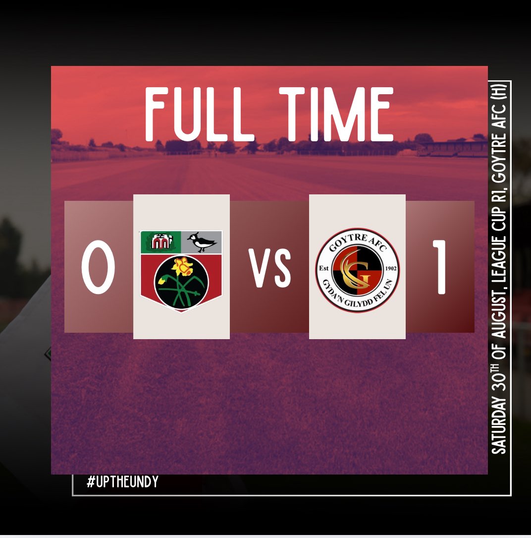 Undy AFC (@undyafc) on Twitter photo <a href="/ArdalSouthern/">Ardal Southern</a> <a href="/GoytreFC/">Goytre Football Club</a> We bow out of the cup with a 95th minute winner for <a href="/GoytreFC/">Goytre Football Club</a>, after a very tight affair with limited chances at both ends we fall to a very late stoppage time winner!
We move onto next week as we host <a href="/RogerstoneAFC/">Rogerstone AFC</a> in the FAW Trophy!
🔴⚫️
#UpTheUndy <a href="/ArdalSouthern/">Ardal Southern</a> <a href="/GoytreFC/">Goytre Football Club</a> We bow out of the cup with a 95th minute winner for <a href="/GoytreFC/">Goytre Football Club</a>, after a very tight affair with limited chances at both ends we fall to a very late stoppage time winner!
We move onto next week as we host <a href="/RogerstoneAFC/">Rogerstone AFC</a> in the FAW Trophy!
🔴⚫️
#UpTheUndy
