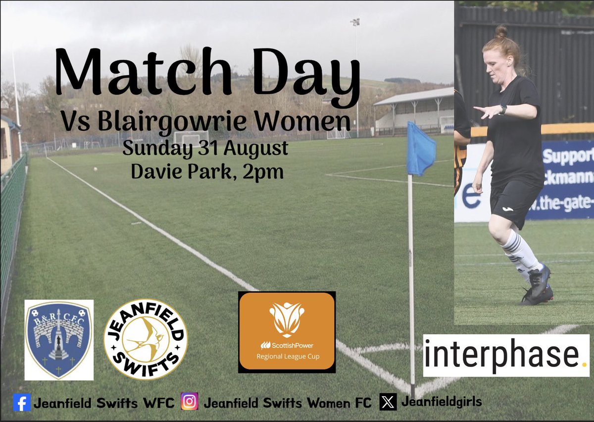 We travel to Blairgowrie for this afternoons game.  

📆 Sunday 31 August
⌚️ 2pm
🏟️ Davie Park, Blairgowrie

Follow the live updates via X - @jsgwfclive

<a href="/interphaseUK/">Interphase</a> 

<a href="/Jax_Mc_Media/">Jax Mc Media</a> 
<a href="/GirlsResults/">Scottish Football Results - Girls/Women</a> 

#ojaj #jeanfieldladies #Jeanfieldgirls #Jeanfieldswifts
