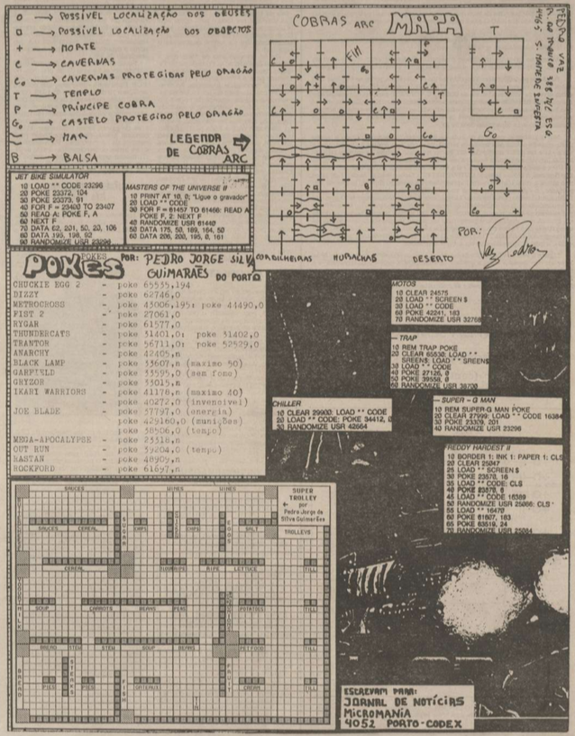 Nos anos 1980, jornais e revistas eram a fonte de dicas de videojogos: mapas, soluções e códigos para alterar a dificuldade. Muitos tiveram aí o primeiro contacto com programação.

🔗 planetasinclair.blogspot.com/2025/08/jnd-mi…