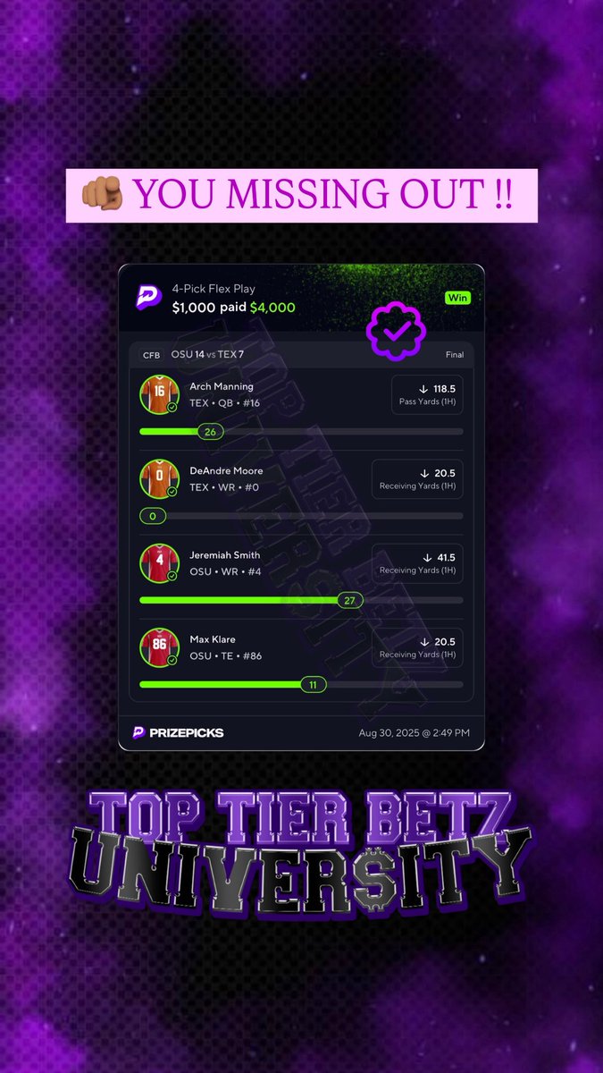 BOOM 💥 4-man BANGER CASHED 💰🤑 Another VIP hit tonight! Want in on the next one? Join the WHOP chat link in bio 🚀
#TBU #toptierbetz #CollegeFootball #sportsbetting #GamblingX